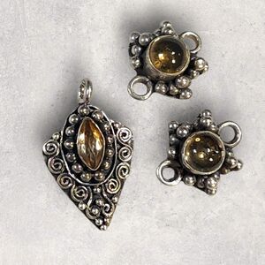 Lot of 3 Sterling Silver 925 Jewelry Findings Smoky Quartz Pendant & Connectors
